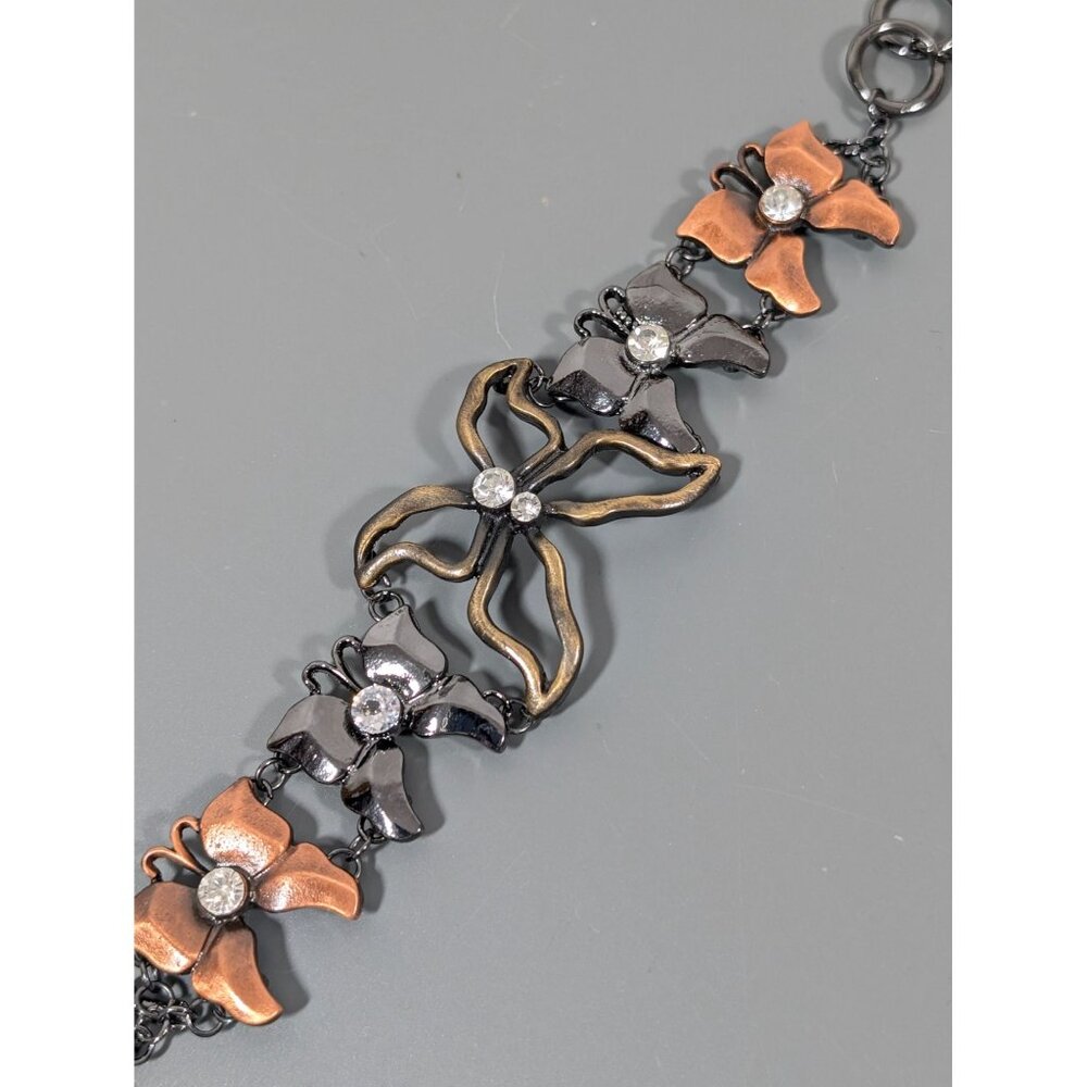 Mixed Metal Copper Tone Butterfly Rhinestone Tennis Bracelet Bronze‎ Tone 8"